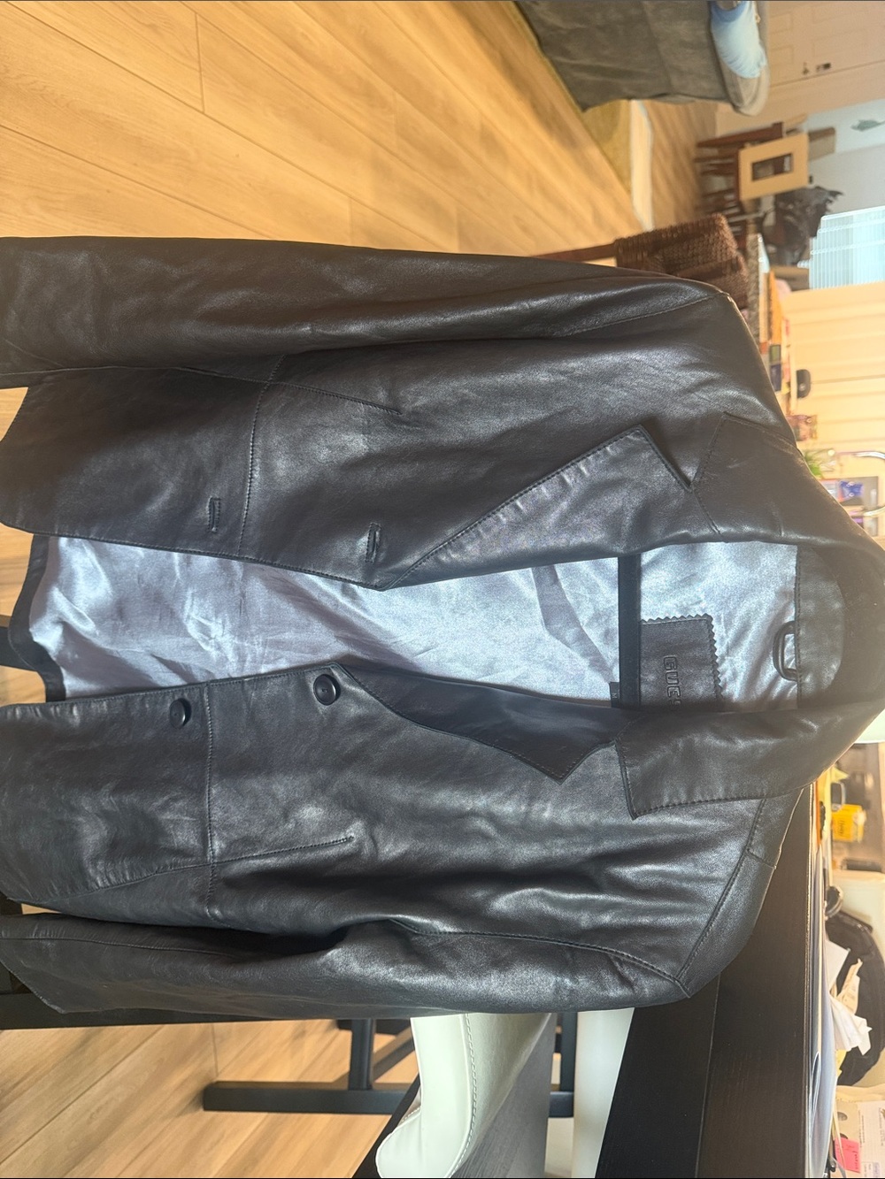 Guess Men's Black Leather Bomber Jacket